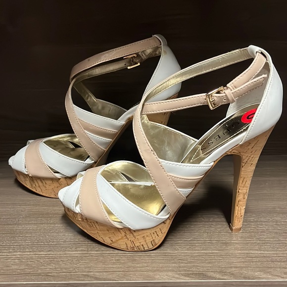 Strappy white and nude heels with cork platform. - Picture 4 of 6
